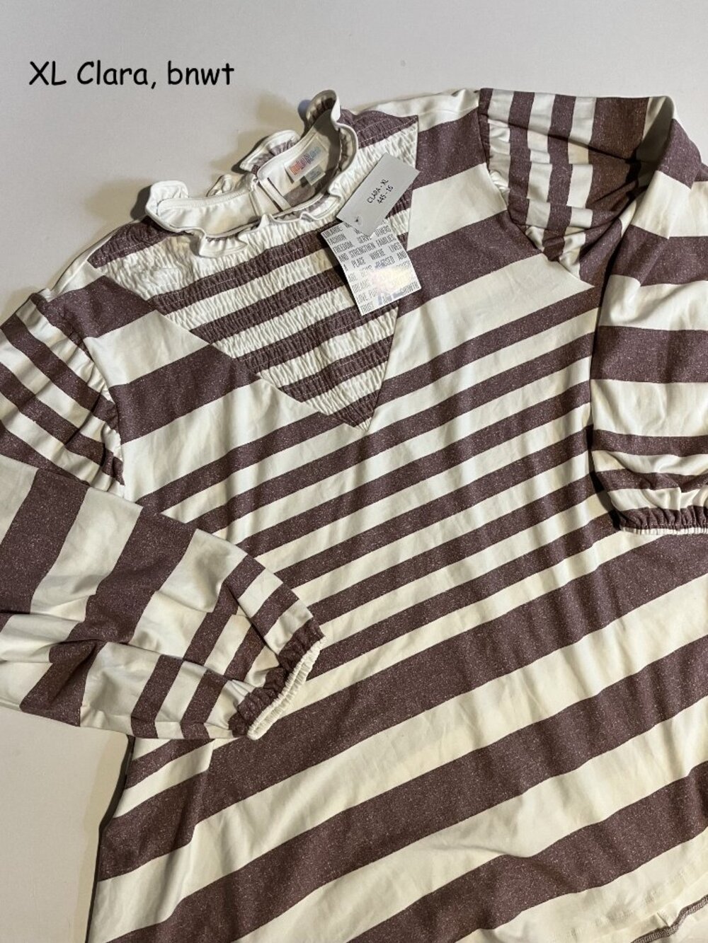 XL Lularoe Clara smocked blouse, white and lavender stripes